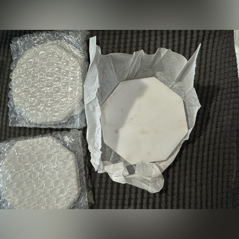 Set of 3 White Marble Coasters 3 3/4" Wide Octagon, NEW